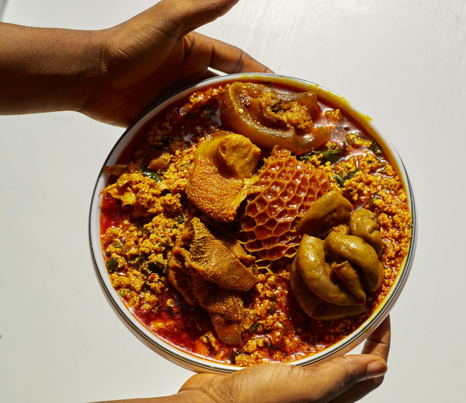 Hands holding a bowl of stew